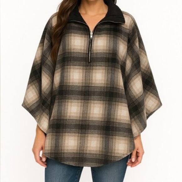 BLANKNYC Plaid Poncho Jacket Partial Zip Faux Leather Collar Black Tan One Size - Picture 1 of 8